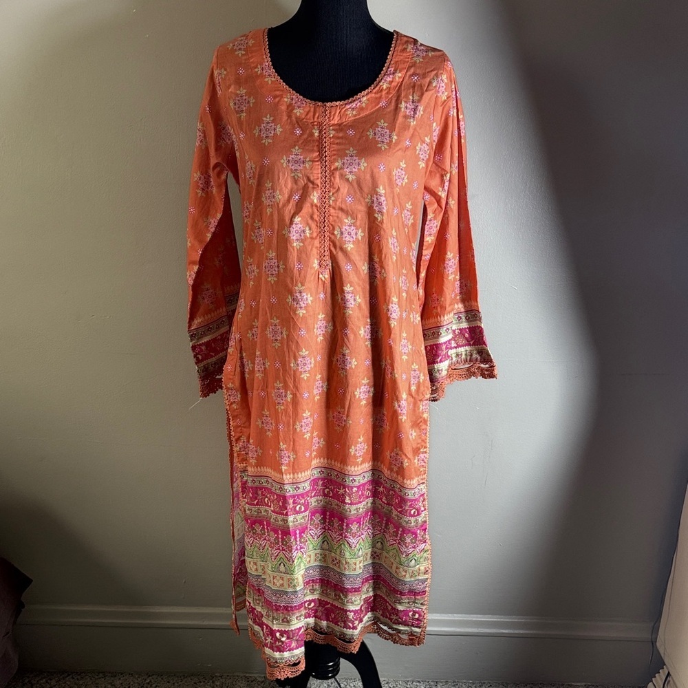 Jikhawa Orange Multi Floral Cotton Kurta Pakistani Indian Dress Top Sz M NWT